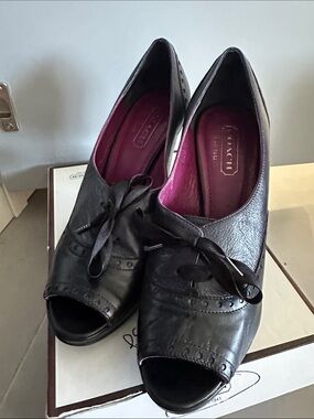 Coach Black Leather Peep-Toe Oxford Heels with Magenta Insoles